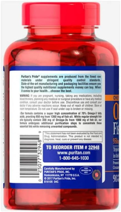 Puritans Pride One Per Day Omega-3 Fish Oil 1360 Mg (950 Mg Active Omega-3)-90 Softgels, 90 Count