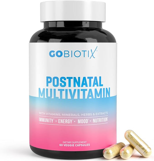 GOBIOTIX Postpartum Vitamins for Breastfeeding Moms - Postnatal Lactation Supplement with Organic Herbs, Minerals, Nutrients for New Mothers and Baby - Postpartum Essentials, Non GMO, Vegan, 60 Caps