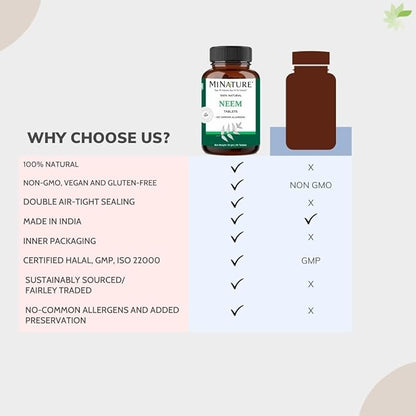 Neem Tablets by mi Nature| 90 Tablets, 1000 mg| 45 Days Supply| Clear Skin| Acne Free| Vegan |