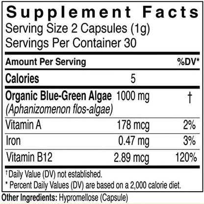 Klamath Blue-Green Algae | More Powerful Than Spirulina Or Chlorella | Grown from The Clean Pure Source of Klamath Lake (60 Vegan Capsules)