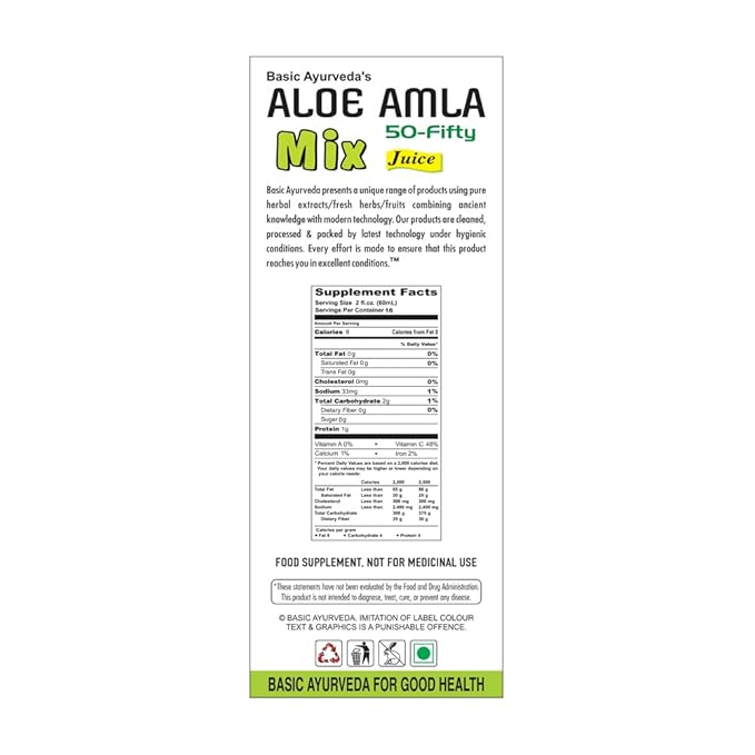 Basic Ayurveda Aloe Amla Mix Juice | Blend of Aloe Vera & Amla Fruit | First Press Virgin Juice | Plant-Based Daily Drink | Vegan & Non-GMO | 32.46 Fl Oz (960ml)