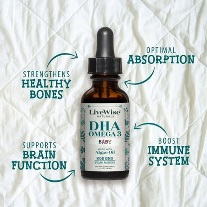 LiveWise Naturals DHA Omega-3 Liquid Drops, Suppplement for Infants and Toddlers, Vegan-Friendly, Great-Tasting Omega-3 Supplement with Pure Orange Oil, Promotes Healthy Brain, Eyes, and Body Defense