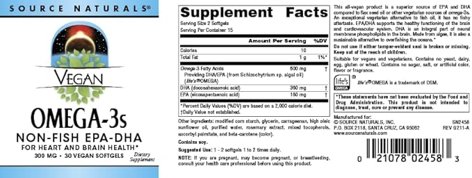 Source Naturals Vegan Omega-3s, Non-Fish EPA-DHA, for Heart and Brain Health Support* 300 mg - 30 Softfgels