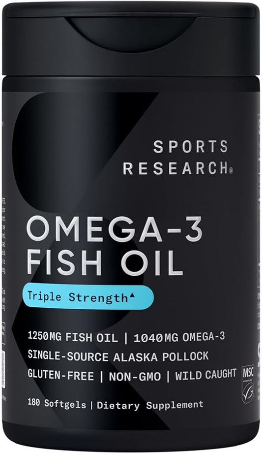 Sports Research Triple Strength Omega 3 Fish Oil - Burpless Fish Oil Supplement w/EPA & DHA Fatty Acids from Single-Source Wild Alaskan Pollock - 1250 mg, 180 ct