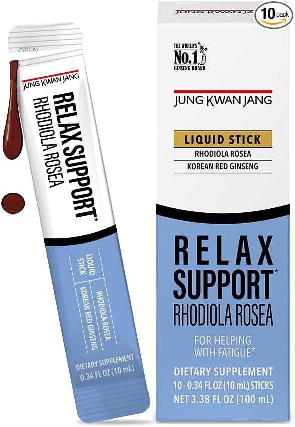 JungKwanJang Relax Support Rhodiola Rosea (800mg), Korean Red Ginseng Everytime Extract Sticks, Relaxation Supplement for Calm and Clarity, 10 Count