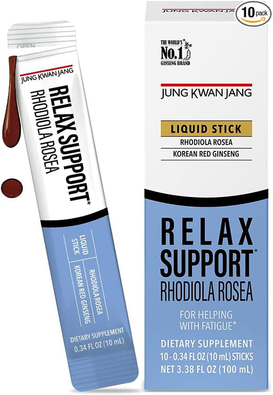 JungKwanJang Relax Support Rhodiola Rosea (800mg), Korean Red Ginseng Everytime Extract Sticks, Relaxation Supplement for Calm and Clarity, 10 Count
