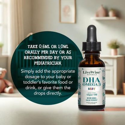 LiveWise Naturals DHA Omega-3 Liquid Drops, Suppplement for Infants and Toddlers, Vegan-Friendly, Great-Tasting Omega-3 Supplement with Pure Orange Oil, Promotes Healthy Brain, Eyes, and Body Defense
