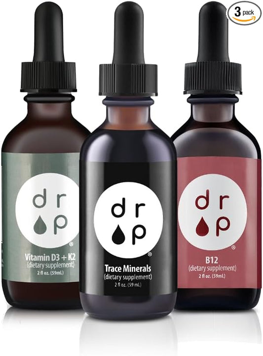 Drop Supplements Organic Trace Minerals Electrolyte Drops, Vitamin D3+K2 Drops and Vitamin B12 Liquid Drops Bundle