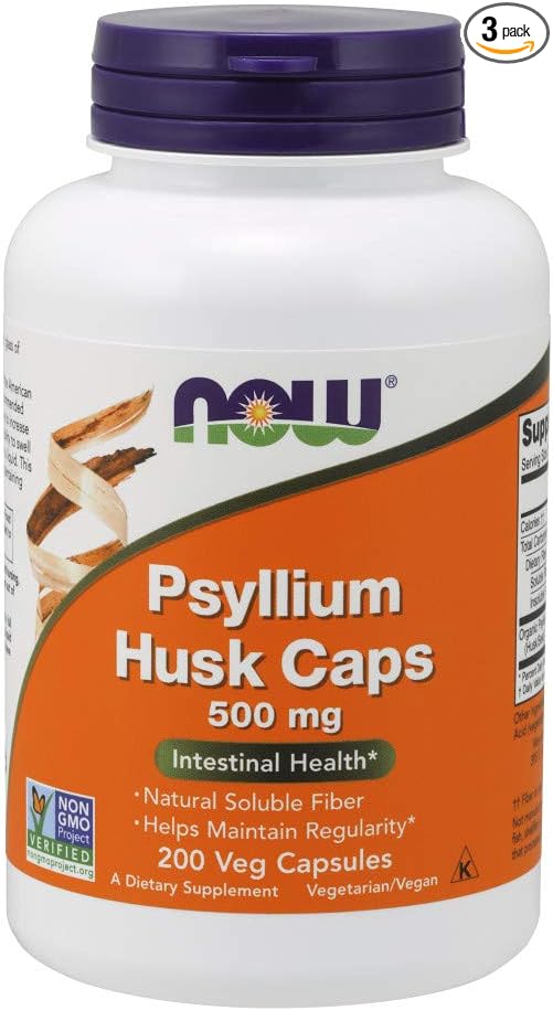 NOW Psyllium Husk 500mg, 200 Capsules (Pack of 3)