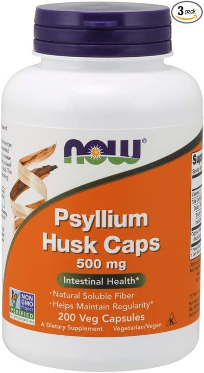 NOW Psyllium Husk 500mg, 200 Capsules (Pack of 3)