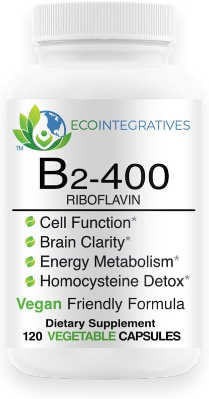 EcoIntegratives B2-400 Pure Riboflavin - Nervous System Health, Homocysteine Detox, Cardiovascular, Helps Boost Energy, Mental Clarity, Metabolism and Cell Function 120 Vegan Capsules