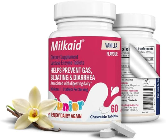 Milkaid Junior Lactase Enzyme Chewable Tablets for Lactose Intolerance | Prevents Gas, Bloating, Diarrhea in Children| Fast Acting Dairy Digestive Supplement for Kids| 60 ct (60 Tablets, Vanilla)