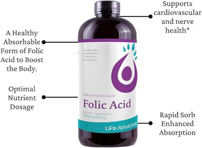 Liquid Folic Acid Supplement – 800 mcg Vitamin B9 per Serving – Berry Flavor, 8 fl oz – Fast Absorption, Prenatal, Heart & Brain Support