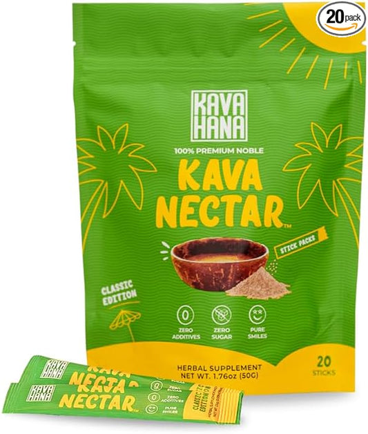 Kava Nectar Classic Ceremonial Grade Noble Kava Nectar Powder Stick Packs Promotes Social Uplift, Relaxation & Stress Support, Instant Kava Dried Kava Juice: 20 All-Natural Sticks