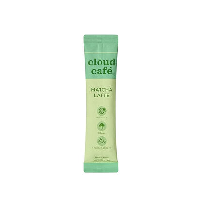 Clöud Café Collagen Infused Matcha Latte Instant Tea Powder - Vitamin E, Chaga Mushrooms Powder, & Marine Collagen Instant Tea (10 Sachets)