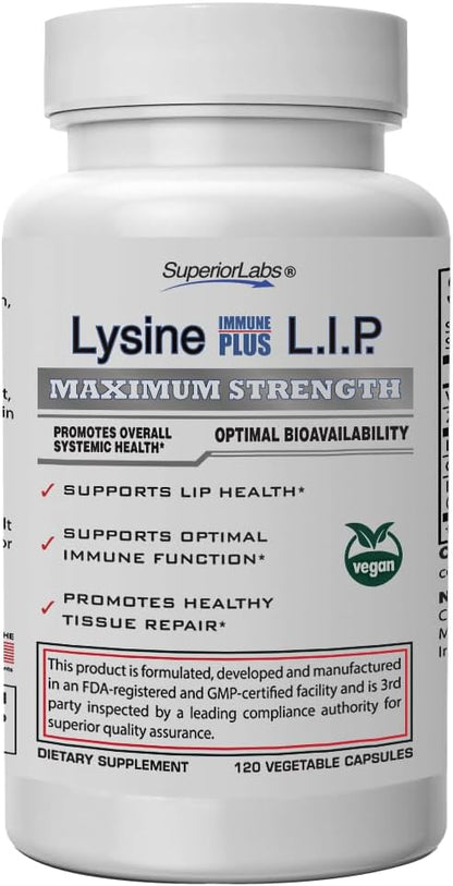 Superior Labs Lysine Immune Plus - Lip. Clinically Proven Lip Health & Support. L-Lysine Bound to HCI for Optimal Stability & Absorption for Fast Results. Bioactive with Zero Harmful Additives