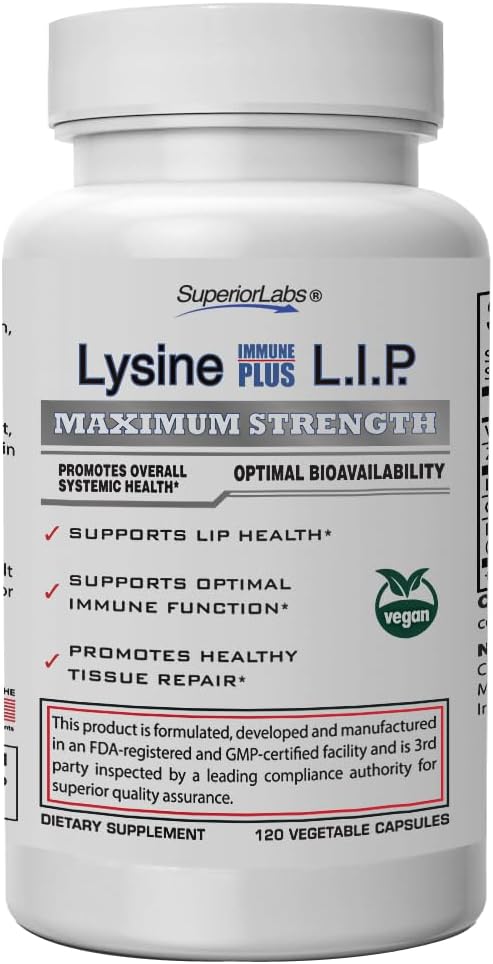 Superior Labs Lysine Immune Plus - Lip. Clinically Proven Lip Health & Support. L-Lysine Bound to HCI for Optimal Stability & Absorption for Fast Results. Bioactive with Zero Harmful Additives