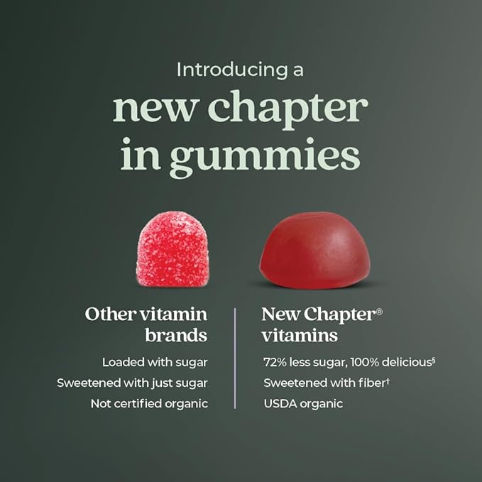 New Chapter Organic Vitamin D3+ Gummies – 72% Less Sugar§, 1,000 IU USDA Organic Vitamin D, ONE Daily Gummy for Strong Bones & Muscle Function, Non-GMO, Gluten Free, Mixed Berry Flavored, 60ct