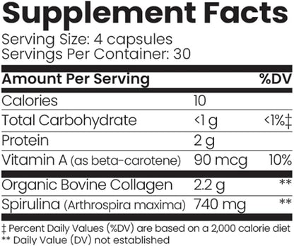 Organic Collagen Australia Pure Collagen & Spirulina Capsules – Antioxidant-Rich Supplement for Skin Elasticity, Joint Health, Metabolism Support & Energy (120 Capsules)
