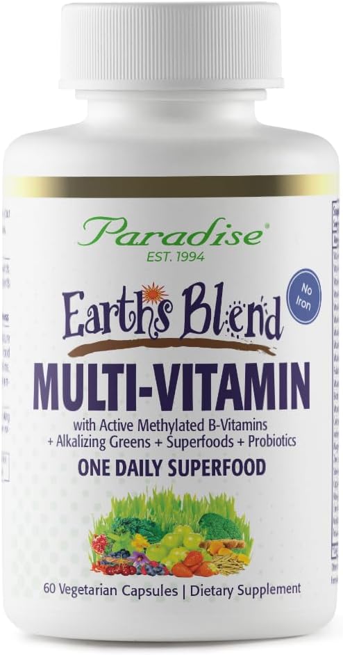 Paradise Herbs Earth's Blend Once Daily Multivitamin for Men, No Iron, 48 Organic Superfoods, Probiotics, and Vitamins A, B12, C, D, K2, 60 Count