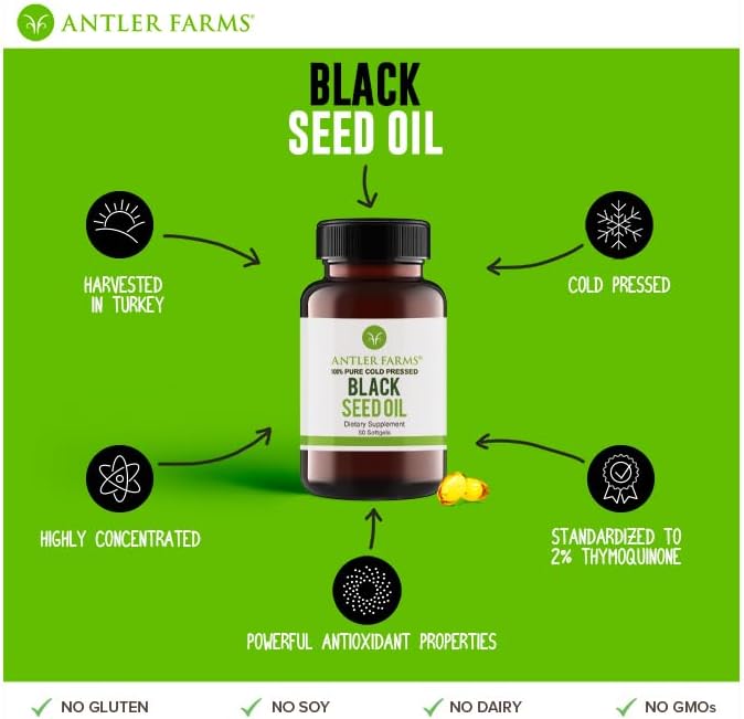 Antler Farms - Black Seed Oil Softgel Capsules -100% Pure, Virgin, Cold-Pressed 60 Softgels, 500mg – 2% Thymoquinone, Turkish Black Cumin Nigella Sativa Seed Oil