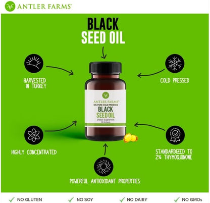 Antler Farms - Black Seed Oil Softgel Capsules -100% Pure, Virgin, Cold-Pressed 60 Softgels, 500mg – 2% Thymoquinone, Turkish Black Cumin Nigella Sativa Seed Oil