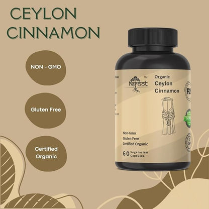 Organic Ceylon Cinnamon Capsules| Pack of 60| Free from additives, preservatives, and Artificial Flavoring|100% Pure| Unflavored, Herbal Natural Supplement| Vegan, Non-GMO and Chemical Free