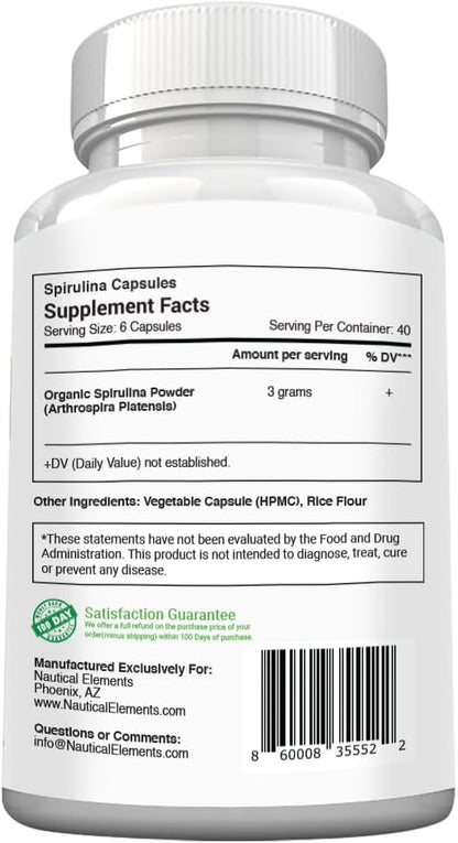 Spirulina Capsules 3000mg - 40 Servings Of Organic Spirulina Capsules - Rich in Protein, Antioxidants & Vitamins - 240 Organic Espirulina Powder - Supports Immune & Cardiovascular Health