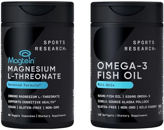 Sports Research® Brain Health Combo - Fish Oil Mini-Softgels - Easy to Swallow Omega-3 Fatty Acids from Wild Caught Alaska Pollock & Magtein Magnesium L-Threonate Supplement for Memory & Focus