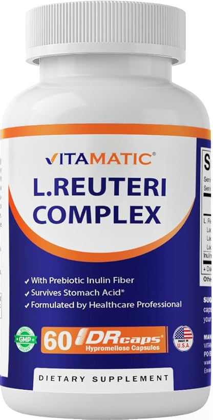 Vitamatic Lactobacillus Reuteri Complex – 22 Billion CFU per Delayed Release Capsule – 60 Capsules – Digestive & Gut Health Support – with Prebiotic Inulin Fiber