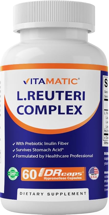 Vitamatic Lactobacillus Reuteri Complex – 22 Billion CFU per Delayed Release Capsule – 60 Capsules – Digestive & Gut Health Support – with Prebiotic Inulin Fiber