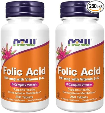 NOW Supplements, Folic Acid 800 mcg + B-12 (Cyanocobalamin) 25 mcg, B Complex Vitamin, 250 Tablets (Pack of 2)