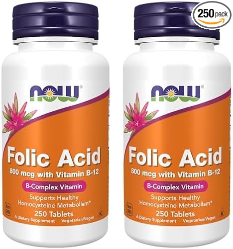 NOW Supplements, Folic Acid 800 mcg + B-12 (Cyanocobalamin) 25 mcg, B Complex Vitamin, 250 Tablets (Pack of 2)