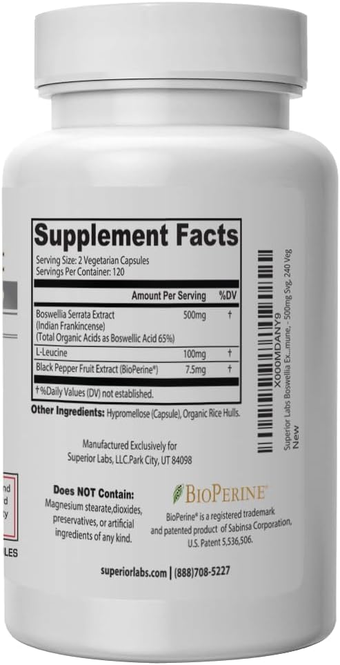 Superior Labs Boswellia Extract - Pure Non GMO Boswellic 65% Acids. Superior Absorption Zero Synthetic Additives - Powerful Formula Joint, Knees, HIPS, Immune, 500mg SVG, 240 Veg Capsules