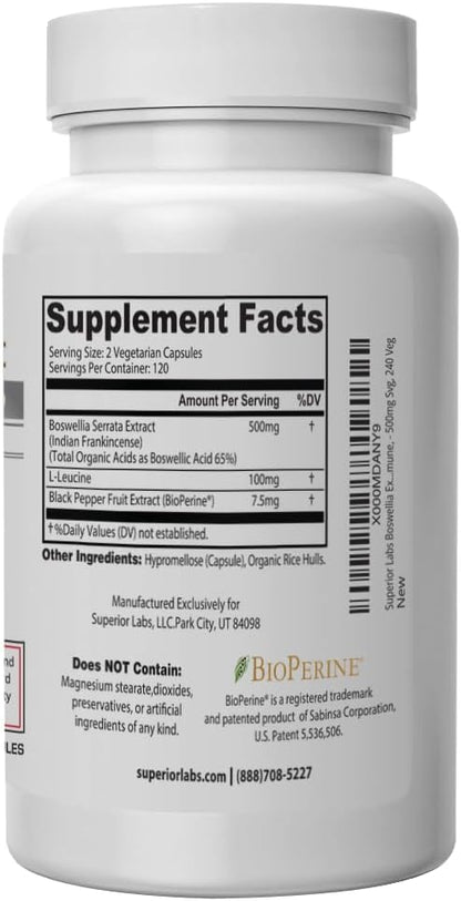 Superior Labs Boswellia Extract - Pure Non GMO Boswellic 65% Acids. Superior Absorption Zero Synthetic Additives - Powerful Formula Joint, Knees, HIPS, Immune, 500mg SVG, 240 Veg Capsules