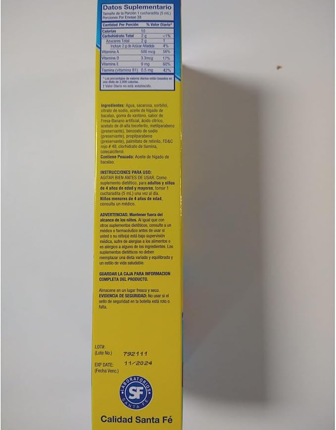 Ballena Azul Aceite de Hígado de Bacalao para Adultos y Niños, COD Liver Oil for Adults and Children, Source of Vitamins A,D,E, B1, Dietary Supplement, Omega 3,Inmune System Boost(Strawberry Banana)