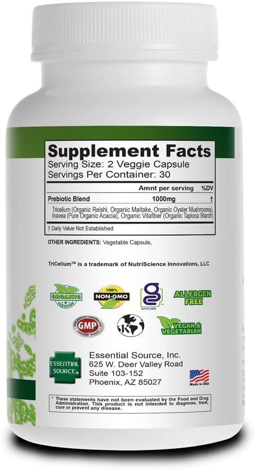 Triactive Prebiotics Capsules - Organic Tricelium Mushroom Blend, Pure Acacia, VitaFiber Prebiotic Supplement - Natural, Vegan, Non-GMO Prebiotics For Women & Men - 60 Veggie Capsules