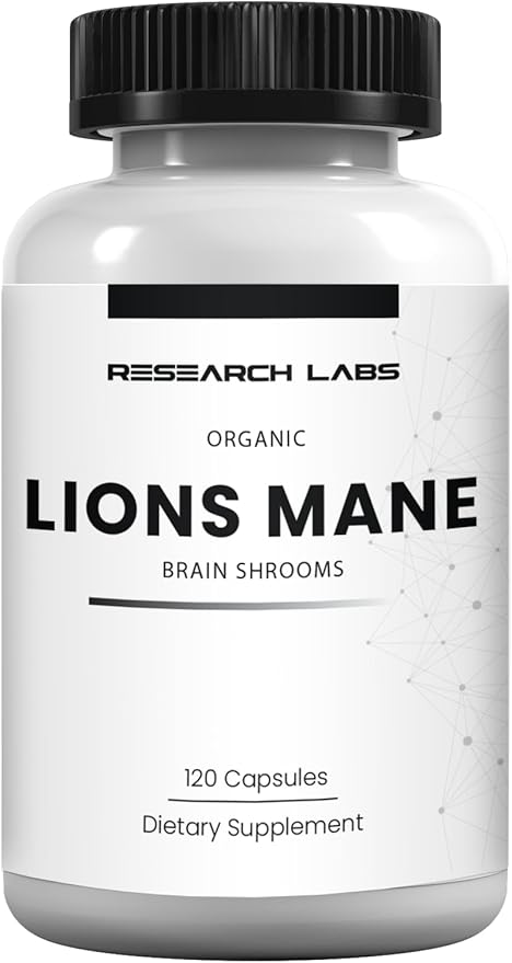 Research Labs Organic Lions Mane Supplement Capsules, 120 Capsules w/Patent Litropane™, Immune System Booster & Nootropic Brain Support Mushroom Supplement. 10X Extract comparable to 18,000mg