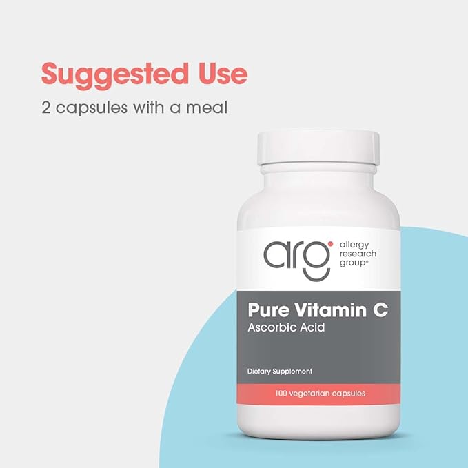 Allergy Research Group Pure Vitamin C Supplement - Ascorbic Acid, 1000mg Organic Vitamin C, High Potency, Unbuffered, Mild Acidity, Vegetarian Capsules - 100 Count