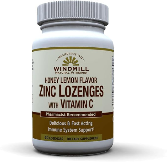 Windmill Health Products Natural Vitamins Zinc Lozenges with Vitamin C Honey Lemon Flavor, Immune System Support, Provides Antioxidant Support, Delicious & Fast Acting, 60 Lozenges, 60 Servings.