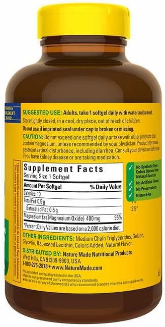 Nature Mades Extra Strength Magnesium 400 mg., 180 Softgels Bundle - Gluten Free - Vitamins, Minerals & Supplements for Muscle, Bone & Heart