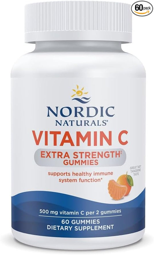 Nordic Naturals Vitamin C Extra Strength Gummies - Tangerine Flavor - 60 Gummies - 500 mg Vegan Vitamin C Supplement - Low-Sugar Immune - Support - 30 Servings