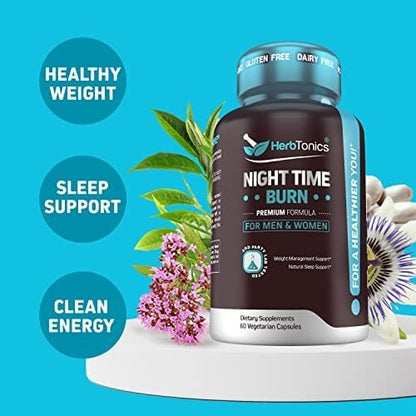 Herbtonics Night Time Supplement with Melatonin to Support Sleep & Metabolism | Melatonin & L-Theanine for Women and Men | Non-GMO, 120 Vegan Friendly Capsules