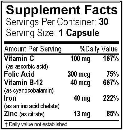 Iron+ with Vitamin C, FOLIC Acid, B-12 & ZINC Preservative-Free, Gentle and Non-constipating Formulated for Maximum Absorption. 30 Veggie caps - Vital Health Remedies
