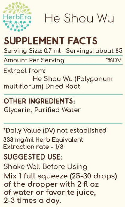 He Shou Wu B60 Alcohol-Free Herbal Extract Tincture, Concentrated Liquid Drops Natural He Shou Wu (Polygonum multiflorum) (2 fl oz)