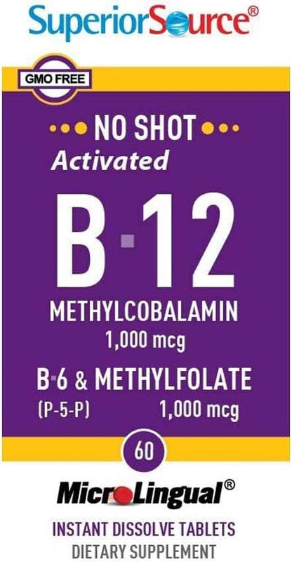 Superior Source No Shot Vitamin B-12 Methylcobalamin 1000 mcg, B-6, & Methylfolate 1000 mcg - Supports Energy, Brain, and Heart Health - Bariatric Friendly - 60 Sublingual Dissolving Tablets
