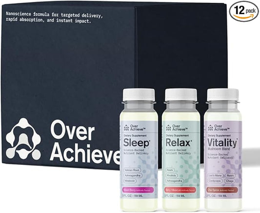 Supplement Variety Pack with Advanced Nanoscience Technology, 12 Pack, Stress Calming Relax Drink, Sleep Aid Drink, Mushroom Supplement Drink, 2 oz Shot