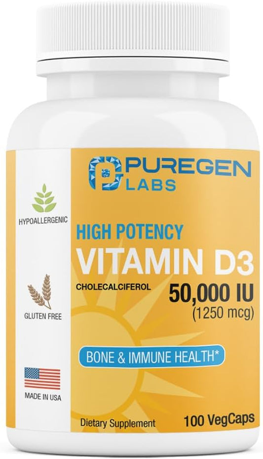 Puregen Labs Vitamin D3 50,000 IU (1250 mcg) 100 Weeks Supply for Healthy Muscle Function, and Immune Support, Non-GMO, Gluten Free 100 Vegetable Capsules
