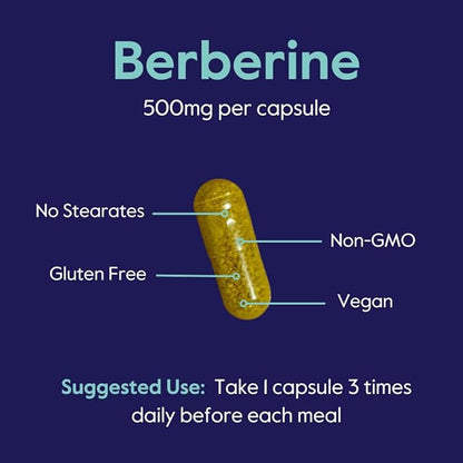 BESTVITE Berberine 500mg Per Capsule (120 Vegetarian Capsules) - No Fillers - No Stearates - No Flow Agents - Vegan - Gluten Free - Non GMO