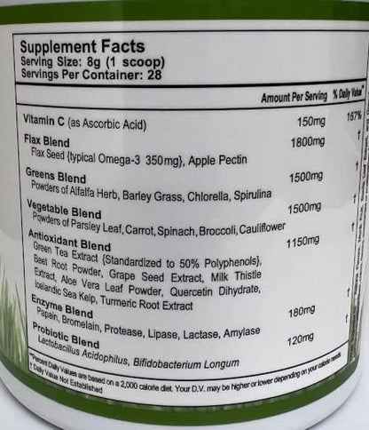 Super Omega Greens Complete Superfood Supplement with Greens, Vegetables, Flax, Fiber, Antioxidants, Enzymes, Probiotics, Vitamin C and Omega 3-7.9oz Powder